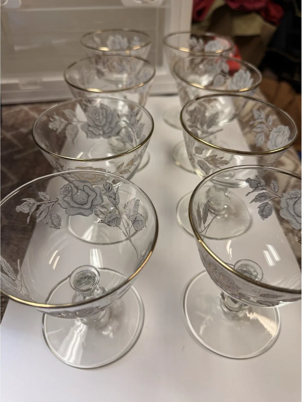 Vintage Libby Rose Set of 8 Clear Champagne Coupe Glasses Etched Gold Rim Floral
